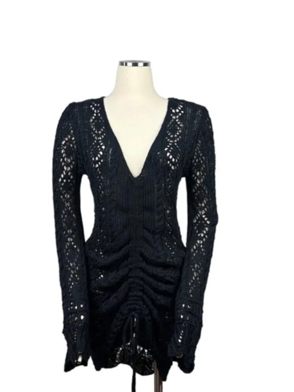Miss Lola Black Crochet Bell Sleeve Drawstring Mini Dress Small - Picture 2 of 5